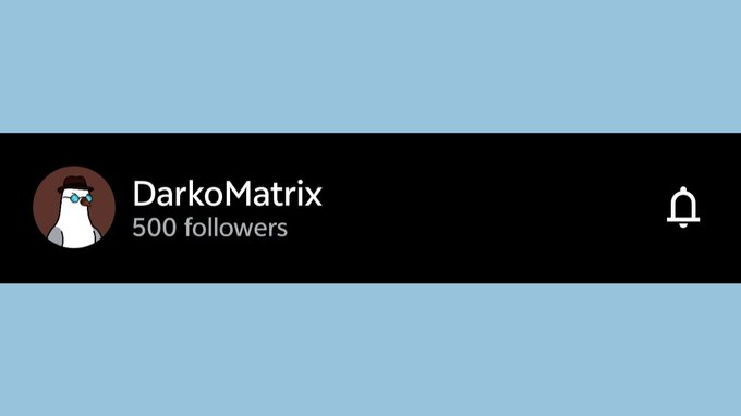 A screenshot showing a profile banner for "DarkoMatrix" with 500 followers displayed on a black background, featuring a penguin avatar and notification bell icon, celebrating the milestone mentioned in the post about reaching 500 followers on OpenSea.