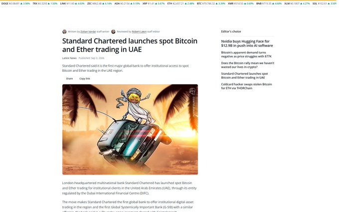 A screenshot of a news article titled 'Standard Chartered launches spot Bitcoin and Ether trading in UAE,' written by Robert Langdon and published Sep 3, 2024, noting the bank is the first major global bank to offer institutional crypto trading access in the UAE region, accompanied by an illustration of a figure riding a flying car.