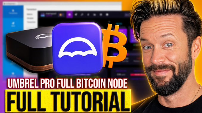 YouTube thumbnail for a tutorial titled "UMBREL PRO FULL BITCOIN NODE FULL TUTORIAL," featuring a smiling man alongside an Umbrel device, Sparrow Wallet and Bitcoin logos, and a software dashboard. It visually represents the comprehensive setup guide for running a full Bitcoin node, connecting wallets like Sparrow, and configuring Lightning.