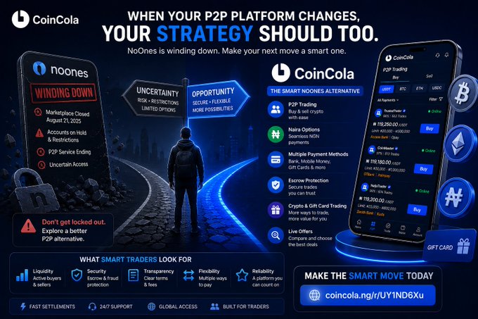 A promotional graphic for CoinCola advertising itself as 'The Smart NoOnes Alternative' P2P platform, showing a hooded figure at a crossroads between 'Uncertainty' and 'Opportunity'.