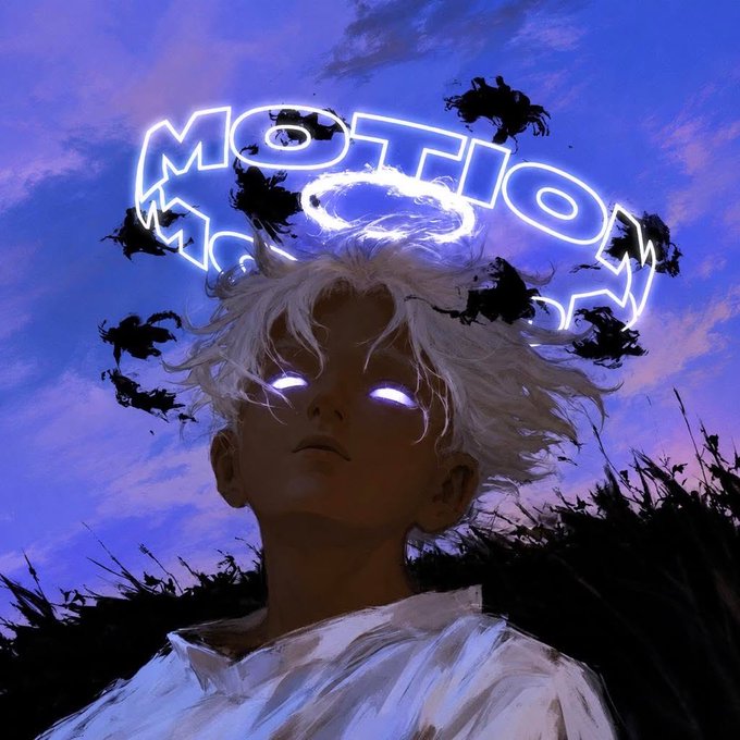 A digital painting of a young man with white hair and glowing white eyes, wearing a white shirt, set against a blue sky with dark clouds and a glowing neon "MOTION" sign above his head.