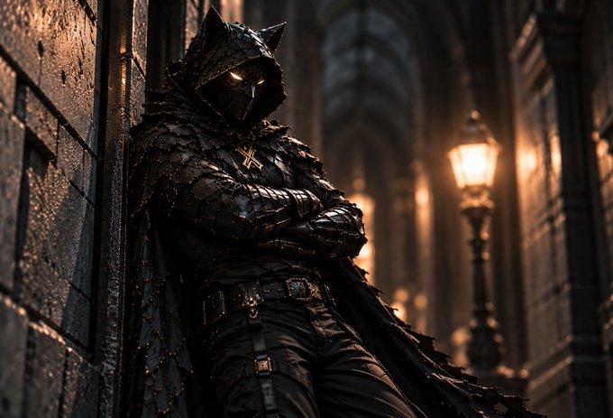 A cloaked figure with glowing eyes and feline ears leans against a stone wall in a dimly lit alley, embodying quiet patience and steady resilience—mirroring the post's theme of embracing slow, unhurried progress.