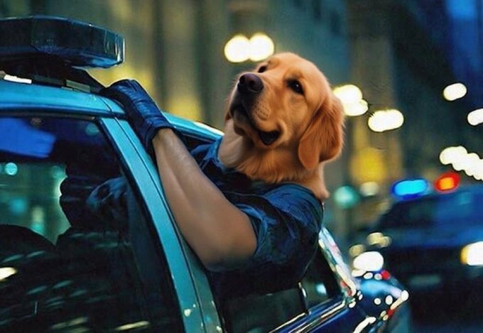 An AI-generated image of a golden retriever with a human body wearing a police uniform, leaning out of a police car window at night.