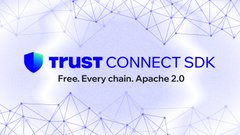 The image features a logo for Trust ConnectSDK that includes a shield design with blue lines and dots. The text "Trust ConnectSDK" is displayed above the shield, along with the words "Free. Every chain. Apache 2.0". Below this, there are two lines of text in white color: "Focus on what is in the image and how it relates to the post." This suggests that the image might be related to a discussion or review about the Trust ConnectSDK project, possibly discussing its features or benefits.