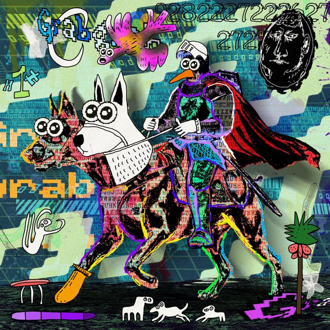 A chaotic, colorful collage-style digital artwork featuring a bird-riding figure with a cape, abstract shapes, a face in the corner, and various small characters including a dog, cat, and ants.