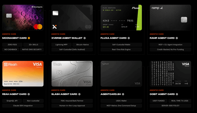 A dark-themed catalog displaying eight agent-themed credit cards, including Moonagent, Xverse, Fluxa, Ramp, Reah, Slash, Agentcard.sh, and Oobit, each listing various features.
