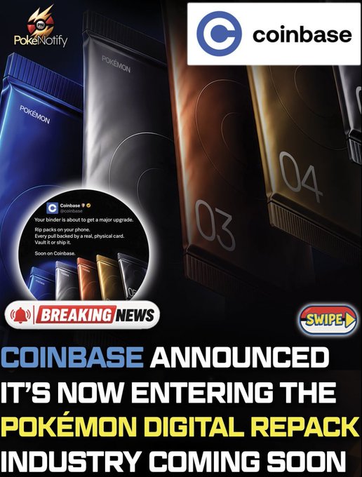 A satirical "BREAKING NEWS" graphic claiming "COINBASE ANNOUNCED IT'S NOW ENTERING THE POKÉMON DIGITAL REPACK INDUSTRY," featuring Pokemon TCG booster packs and a fake Coinbase tweet.