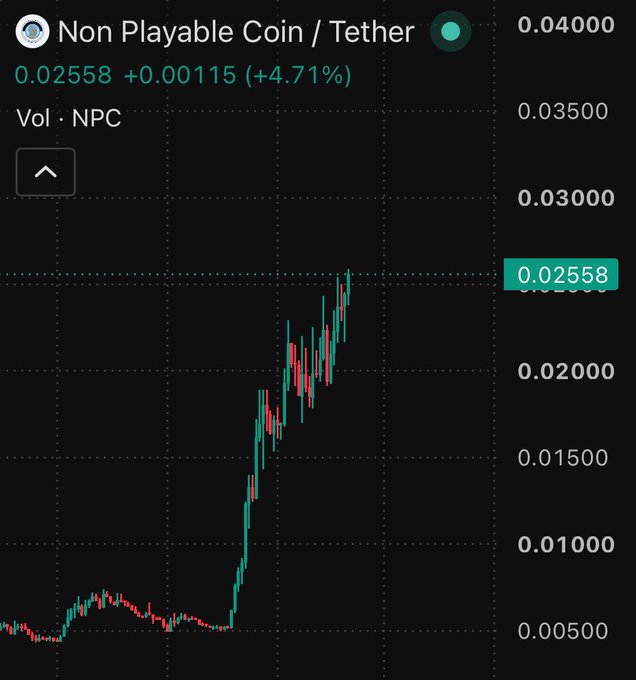 A candlestick chart of Non Playable Coin/Tether ($NPC) shows a sharp upward breakout, with the current price highlighted at 0.02558 (+4.71%), rallying toward the 0.04000 all-time high level in line with the post's "ATH incoming" sentiment.