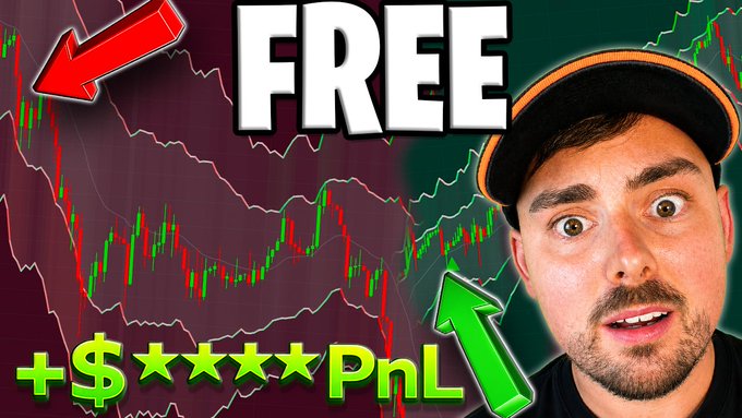 A man wearing a black and orange cap appears surprised beside a stock chart with red and green candlesticks and moving average lines. Bold text overlays read "FREE" with a red arrow pointing down to a price drop and a green arrow pointing up alongside "+$****Pnl," promoting a trading-related video with redacted profit figures.
