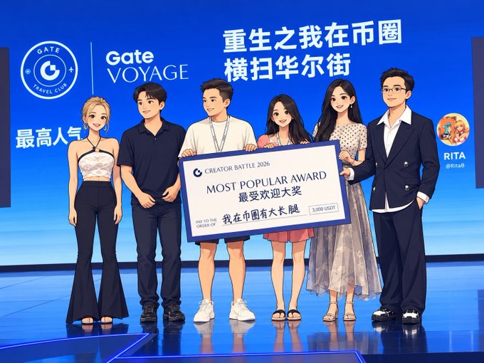 An illustration of six people holding a 'MOST POPULAR AWARD' (最受欢迎大奖) check for 5,000 USDT at the Gate Voyage Creator Battle 2026 event, with text '重生之我在币圈横扫华尔街' (Reborn sweeping Wall Street in crypto).