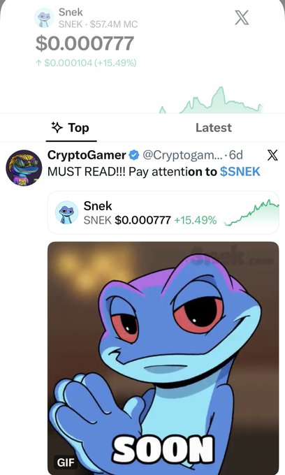 A screenshot of a cryptocurrency tracker showing the Sneek ($SNEK) token at $0.000777 with a 15.49% increase, featuring a tweet from CryptoGamer urging followers to pay attention to $SNEK alongside a GIF of a smug blue lizard character saying 'SOON'.