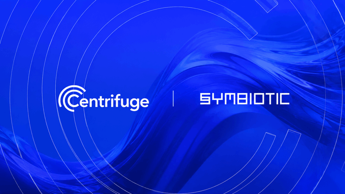 A blue promotional graphic featuring the logos for 'Centrifuge' and 'SYMBIOTIC' separated by a vertical line against a swirling blue wave background.