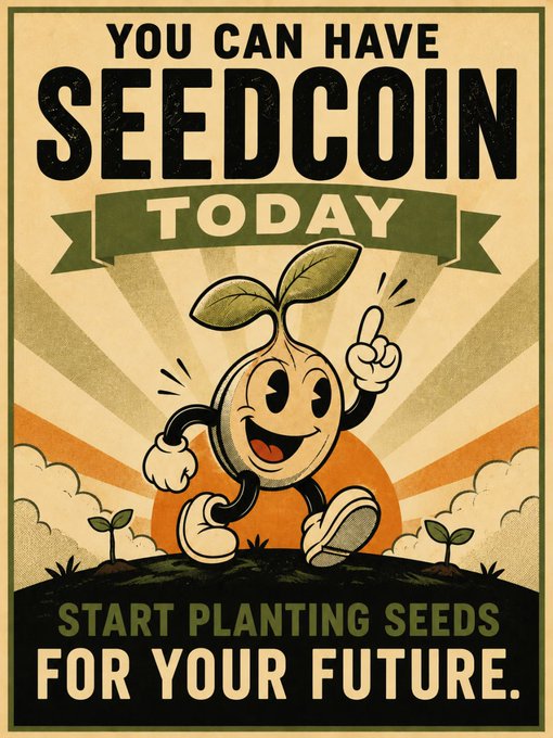 A vintage-style propaganda poster reading 'YOU CAN HAVE SEEDCOIN TODAY - START PLANTING SEEDS FOR YOUR FUTURE.' featuring an anthropomorphic seed coin mascot with a sprout.