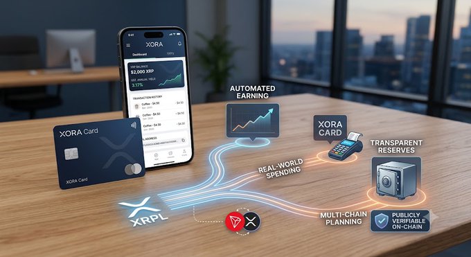 A promotional image for XORA showing a smartphone displaying the app, a XORA Card, and icons representing 'Automated Earning,' 'Transparent Reserves,' 'Multi-Chain Planning,' and 'Publicly Verifiable On-Chain' features, all connected to the XRPL logo.