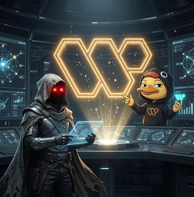 A digital illustration showing a hooded figure with glowing red eyes holding a holographic tablet alongside a cartoon duck character in a hoodie, with a large glowing golden W-shaped logo between them in a high-tech room.
