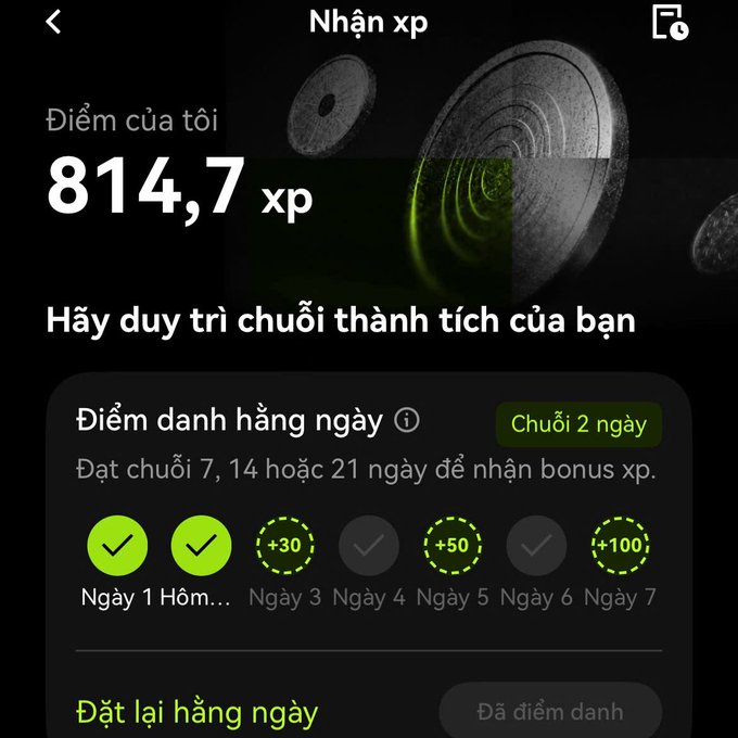 Ảnh chụp màn hình “Nhận xp” của OKX với số điểm 814,7 xp, chuỗi điểm danh 2 ngày cùng các mốc thưởng +30, +50 và +100 XP. Đây là phần thưởng điểm dành cho hoạt động OKX Outcomes SS2 mà bài đăng đang kêu gọi mọi người tham gia dự đoán.
