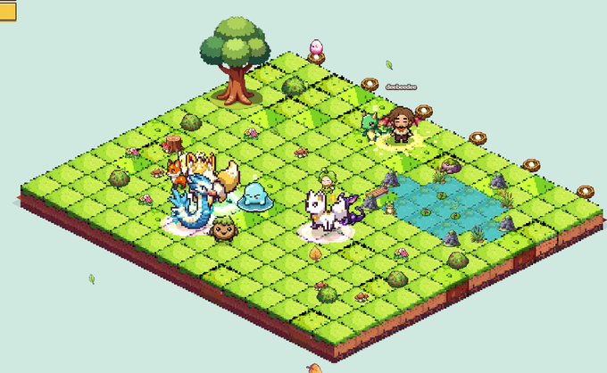 An isometric pixel art game scene showing a character in a grassy environment with a tree, a dragon, and other creatures on a grid-based terrain.