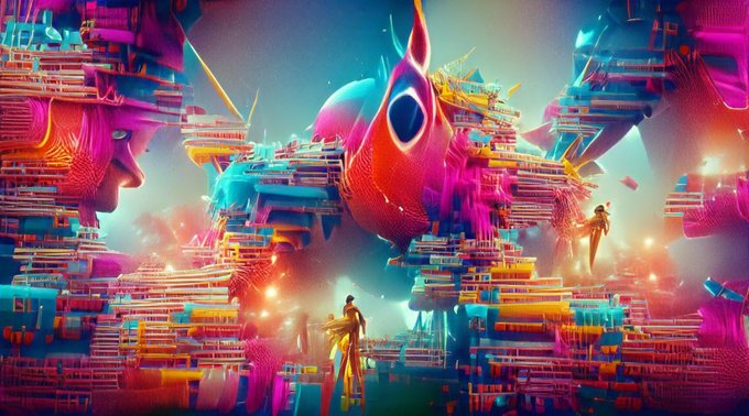 The image features a vibrant, colorful digital art piece that showcases an abstract scene filled with various shapes and colors. The artwork includes elements such as buildings, people, and other objects, creating a sense of depth and complexity. The background of the painting is predominantly blue, while the foreground is dominated by pink and orange hues. 

The image also contains text that reads "#Web3 #CryptoCollectibles #Blockchain #DigitalAssets #Ai #NFT #Video #crypto #collectibles #NFTart $ETH #Altcoins Celebrate the intersection of art & technology with The Power of the pixel". This text provides context to the artwork and its theme, tying it back to the post's content.