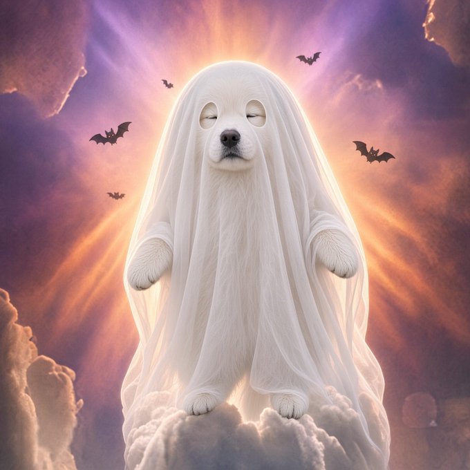 A digital artwork of a white dog dressed as a ghost with a sheet over its head, eyes closed peacefully, floating on a cloud with a sunset sky and bats in the background.