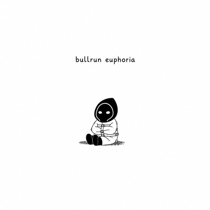 A minimalist cartoon drawing of a hooded figure with glowing white eyes sitting on the ground, with the handwritten text 'bullrun euphoria' floating above on a white background.
