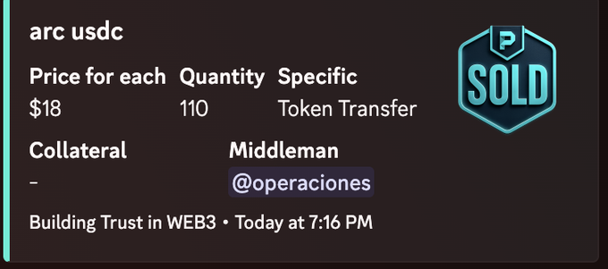 A digital product listing card showing 'arc usdc' for sale at $18 each, quantity 110, marked as Token Transfer with Collateral listed as -, Middleman @operaciones, under 'Building Trust in WEB3' posted at 7:16 PM, with a 'SOLD' badge.