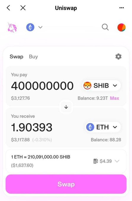 A Uniswap cryptocurrency exchange interface shows a swap of 400,000,000 SHIB tokens for 1.90393 ETH at a rate of 1 ETH = 210,091,000.00 SHIB.