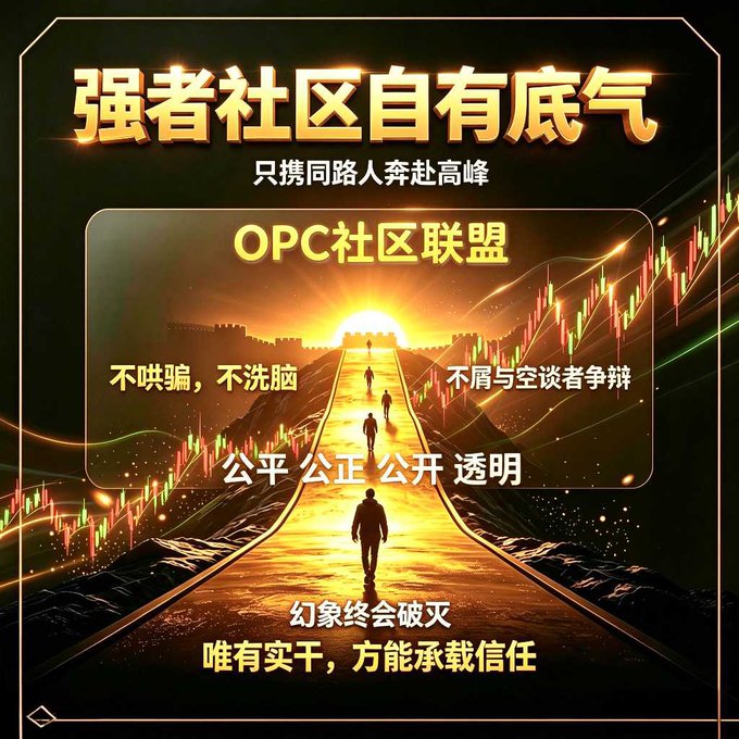 A promotional graphic with Chinese text including '强者社区自有底气' at the top and 'OPC社区联盟' in a central box, featuring figures walking toward a glowing sunrise over a mountain path with trading chart elements.