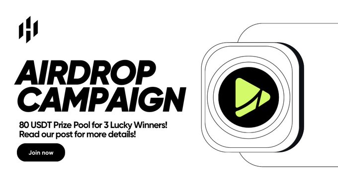 The image is a promotional banner for an airdrop campaign featuring a bold "AIRDROP CAMPAIGN" headline, an "80 USDT Prize Pool for 3 Lucky Winners" announcement, and a "Join now" call-to-action button, alongside a green play-button logo. It visually corresponds to the Huostarter mini-airdrop announcement for the $PHOOD project spotlight, highlighting the $80 USDT prize pool shared among 3 random winners.