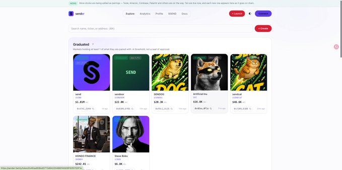 A screenshot of the Sendr platform's "Graduated" section displays listed tokens including SEND, sendco, SENDO, Artificial Inu, and sendcat with market caps ranging from $16.6K to $242.3K, alongside other tokens like FRANCE FRANCS and Steve Balbi. This relates to the post's discussion of token-stock launchpads on Ethereum mainnet, showing the variety of graduated tokens available on the Sendr platform where such pairings like IBOB with Apple stock occurred.