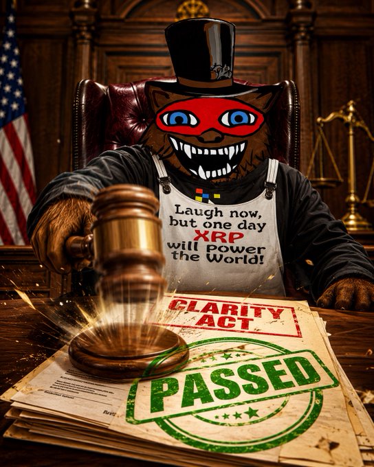 A cartoon bear in a judge's outfit and top hat wields a gavel over a stack of papers stamped "CLARITY ACT" and "PASSED," wearing an apron that reads "Laugh now, but one day XRP will power the World!"—symbolizing optimism that the upcoming Clarity Act vote could be a bullish catalyst for XRP's regulatory standing and long-term adoption.