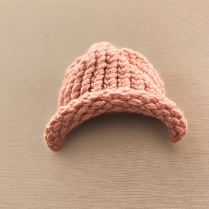 A small, hand-knitted pink baby bonnet with a folded brim rests on a light wooden surface.