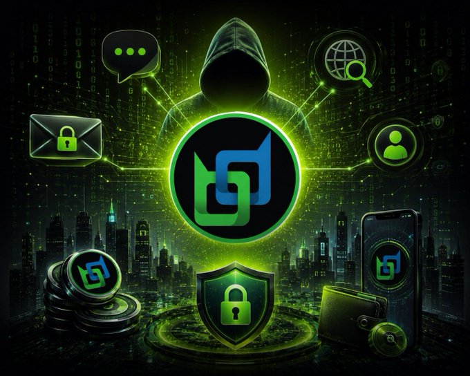 A dark digital art piece featuring a hooded figure surrounded by green glowing icons including a lock, envelope, coins, wallet, and a central blue-green logo.