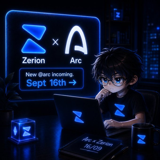An anime-style promotional graphic showing a chibi character at a laptop, announcing a collaboration between Zerion and Arc with 'New @arc incoming. Sept 16th →'.