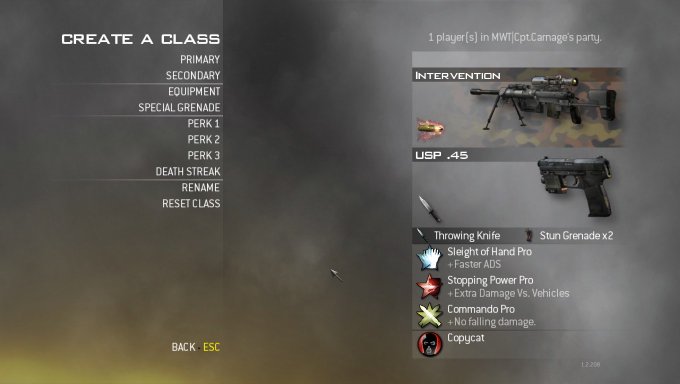 A 'CREATE A CLASS' loadout screen from Call of Duty showing an Intervention sniper rifle, USP .45 pistol, Throwing Knife, Stun Grenades, and perks like Sleight of Hand Pro and Commando Pro.