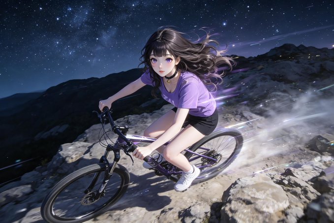 An anime-style girl with flowing dark hair rides a mountain bike at high speed across rugged terrain under a starry night sky, with motion blur and dust trailing behind her to convey the thrill described in the caption about exploration, speed, and exciting moments.