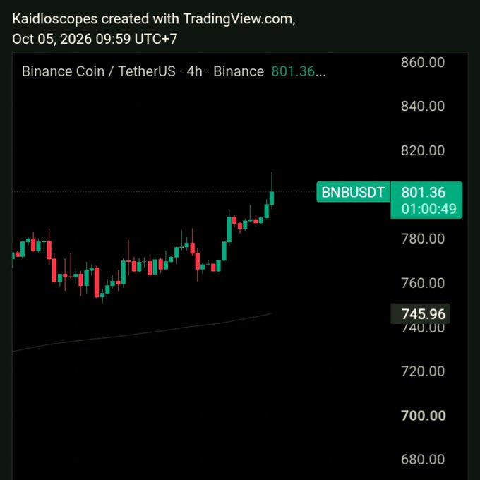 A TradingView candlestick chart for Binance Coin / TetherUS (BNBUSDT) on Binance showing a current price of 801.36.