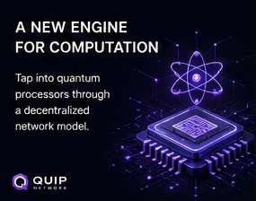 The image is a promotional graphic for QUIP Network, featuring a purple-toned illustration of a computer chip and an atom symbol, with the text "A NEW ENGINE FOR COMPUTATION" and "Tap into quantum processors through a decentralized network model," along with the QUIP Network logo.

The post connects to the image by highlighting QUIP Network as an early-mover in quantum-secure technology, suggesting that the quantum computing infrastructure shown represents a preemptive solution—building now before cryptographic complexity makes future security upgrades far more difficult.