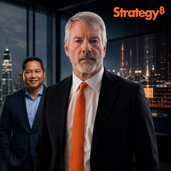 Two businessmen in suits stand in a high-rise office with a nighttime city skyline behind them; the 'StrategyB' logo appears in the upper right corner.