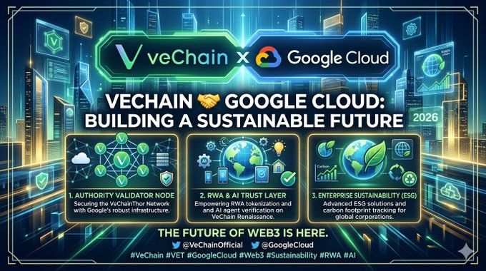 The image is a promotional graphic announcing the **VeChain x Google Cloud** partnership, headlined "**BUILDING A SUSTAINABLE FUTURE 2026**," and highlights three key initiatives: **(1) Authority Validator Node** securing VeChain via Google infrastructure, **(2) RWA & AI Trust Layer** for RWAs and AI agent verification, and **(3) Enterprise Sustainability (ESG)** through carbon footprint tracking. It visually reinforces the post's claim that Google Cloud serves as one of the 101 Authority Nodes on the VeChain network, tying the logos together with hashtags **#VeFam #VET #Google #CryptoNews**.