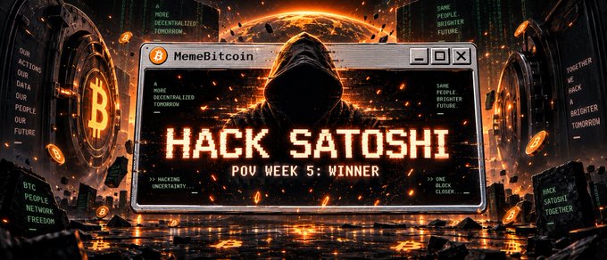 A promotional graphic for 'MemeBitcoin' featuring a hooded figure in a retro computer window, with the text 'HACK SATOSHI POV WEEK 5: WINNER'.