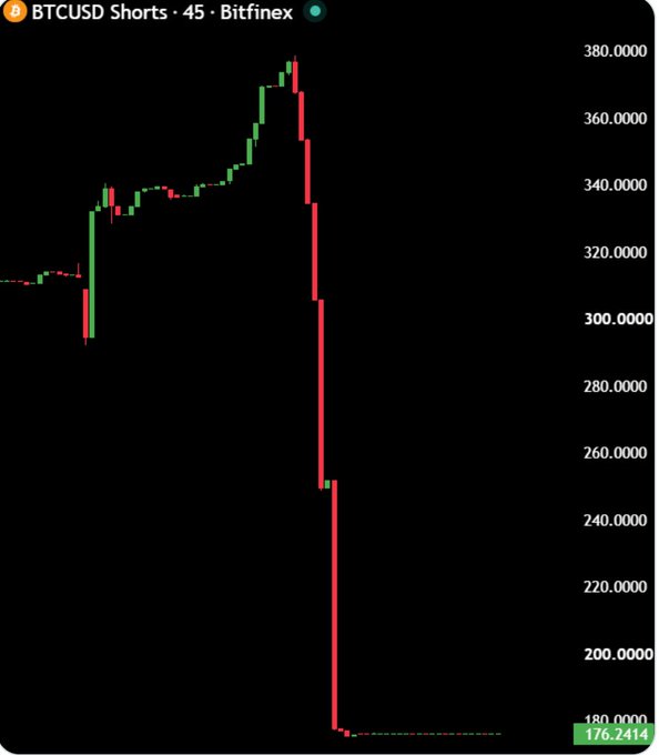 The image displays a 45-minute Bitfinex candlestick chart for BTCUSD Shorts showing a sharp decline from a peak near $380 down to approximately $176.24. The dramatic drop illustrates the bearish short-positioning activity that the post references, contrasting with Bitfinex whales maintaining their long positions—a divergence the post highlights as a bullish signal.