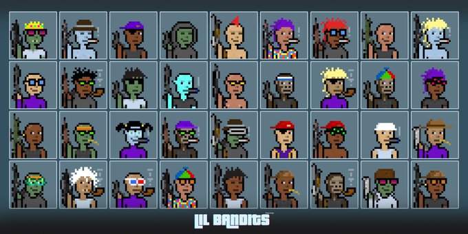 The image features a grid with various characters from different video games, including Lil Bandits NFT. The characters are wearing glasses and hats, and they appear to be engaged in different activities such as fighting for points or farming. The text "giving away 17x GTD spots" suggests that the characters have been given away for free, while "@LilBanditsNFT Lil Bandits is a gaming-focused NFT project where you'r the main character" implies that they are the main focus of the post.
