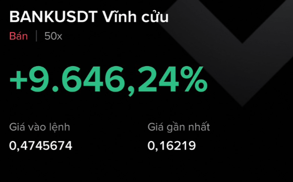 A dark trading interface displays 'BANKUSDT Vĩnh cửu' with a gain of '+9,646,24%', an entry price of 0,4745674, and a last price of 0,16219.