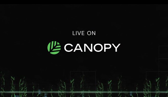A dark graphic with the text 'LIVE ON CANOPY' featuring a green leaf-like logo, with subtle underwater plant imagery at the bottom of the frame.