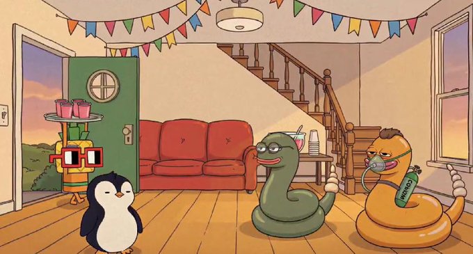 A cartoon party scene featuring a penguin, a robot carrying drinks, and two snakes—one wearing glasses and another with a gas mask—in a decorated living room with bunting and a red sofa.
