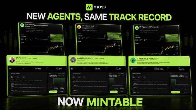 A promotional graphic for MossAI features the tagline "NEW AGENTS, SAME TRACK RECORD" and "NOW MINTABLE," showcasing six AI trading agent cards including "PEPE PIPER," "Machi Big Sister," and several Ethereum-based agents (ETH Extreme Aggressive Compounding, ETH Extreme Hybrid, ETH Aggressive Bull Compounder) with performance metrics in USDC and HyperVM. The image directly supports the post's announcement by visually demonstrating the marketplace concept of buying shares in these transparent, on-chain AI trading bots.