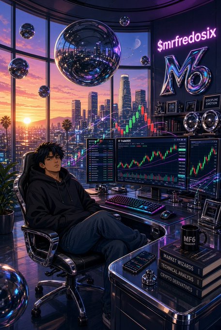 An anime-style character sits at a multi-monitor trading setup displaying candlestick charts and 'TRUMPBOX'; neon signs read '$mrfredosix' and 'M6', with books labeled 'MARKET WIZARDS' and 'TECHNICAL ANALYSIS' on the desk.