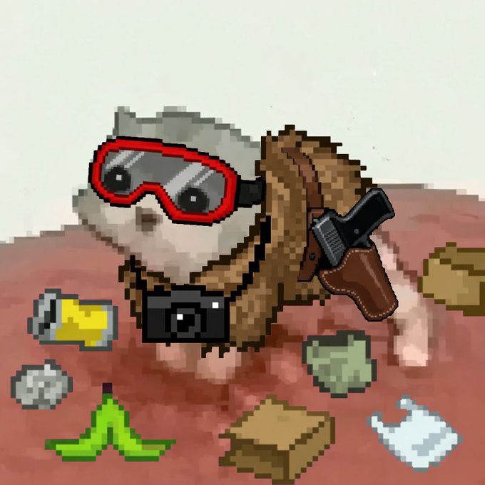 A pixelated cat wearing red ski goggles, a trench coat, and a shoulder holster with a pistol sits surrounded by scattered items including a banana, can, banana peel, sandwich, and crumpled paper. The image appears to be a "low quality cat" meme NFT created by @gCAN9k, playing on the intentionally degraded art style referenced in the post.