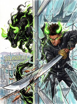 The image is a dynamic comic-style illustration featuring a warrior with green flame-like hair wielding a katana while bursting through shattered glass, accompanied by a shadowy, green-tinged demonic figure. The text "SOLANGELES" appears on the artwork, aligning with the "SOLANGELES x $ANSEM // 05" art collection post, indicating this is one of the pieces from that collaboration series.