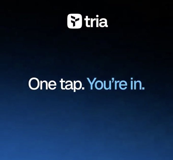 The image shows a blue background with white text that reads "One tap, You're in." The text is written in a smaller font size than the rest of the image, making it stand out against the dark blue backdrop. The image also contains some text about an ongoing @useTria campaign and its progress over time.